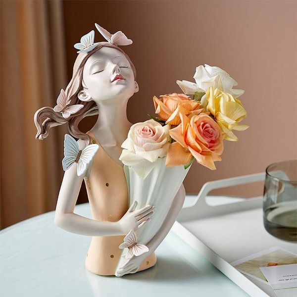 vases european portrait vase fashion butterfly girl simulation flower pot living room decoration ornaments home plant pots decorative